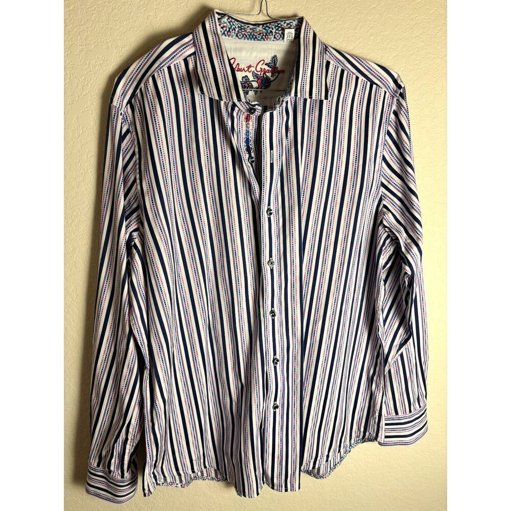 Robert Graham Men's Size 2XL Blue Stripe Flip Collar & Cuff Button Shirt XXL